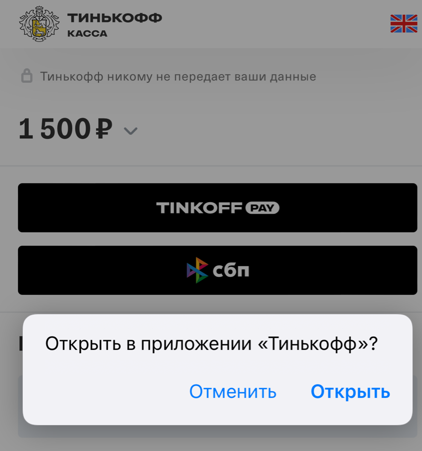Окно подтверждения открытия приложения банка